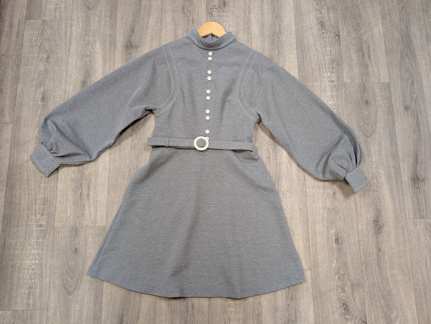 60s/70s grey dress & belt - S/8/10
