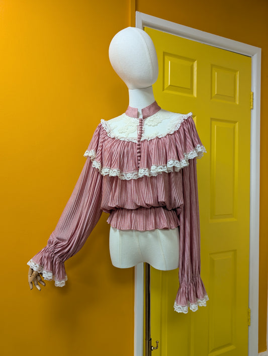 1970s Hershelle Young Mayfair dusky pink lace trim blouse - XS/S
