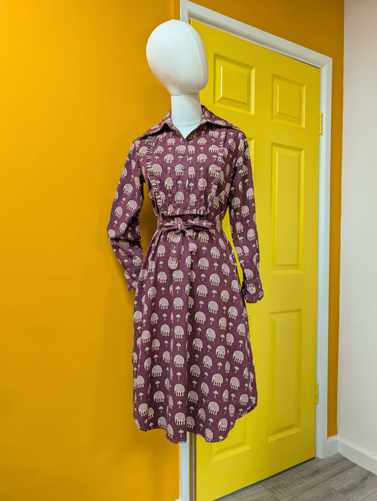 1970s India Imports elephant print cotton dress & belt - S/M