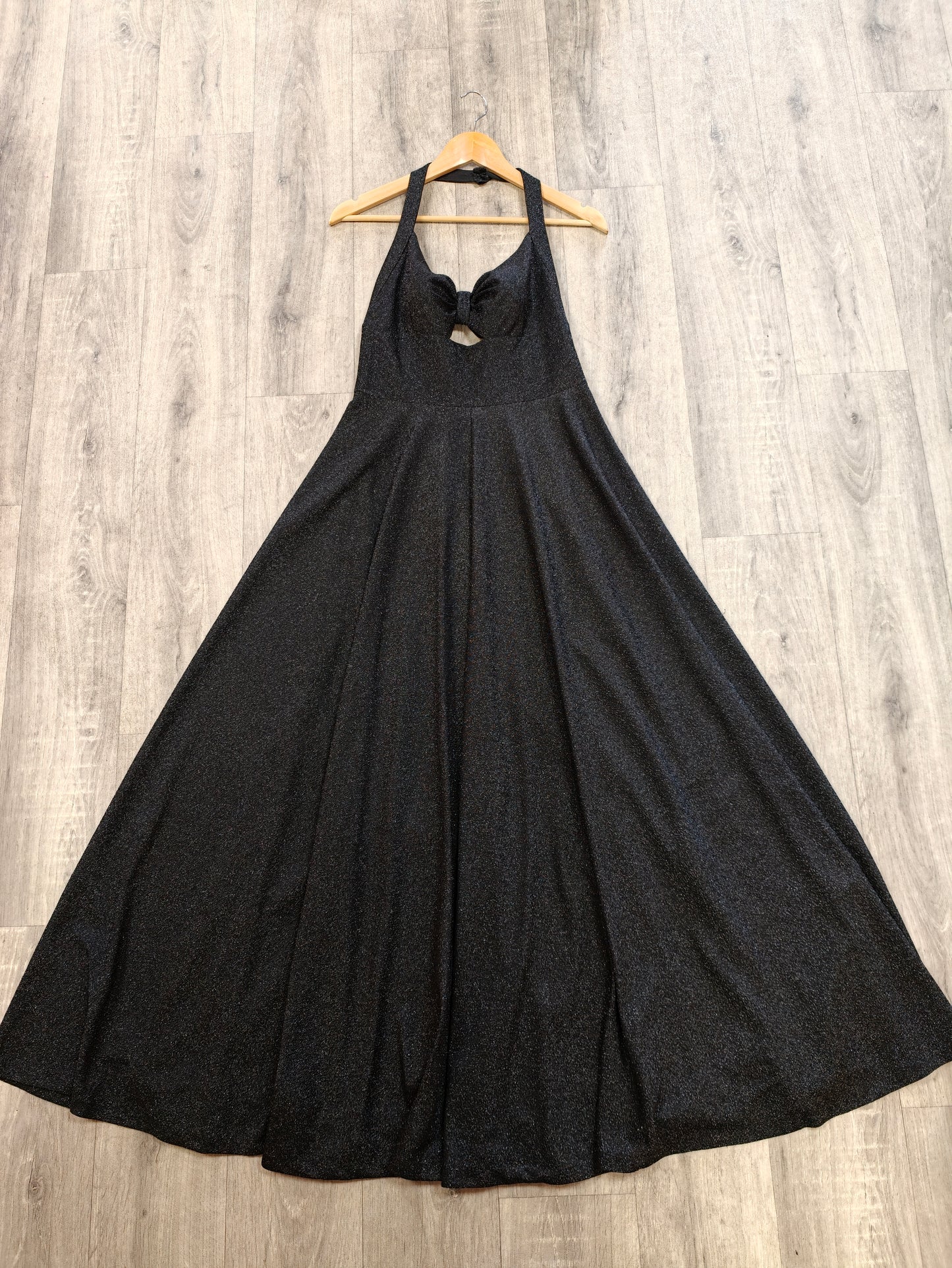 1970s Puszta black & silver lurex halter neck maxi dress with cut out - 10/12