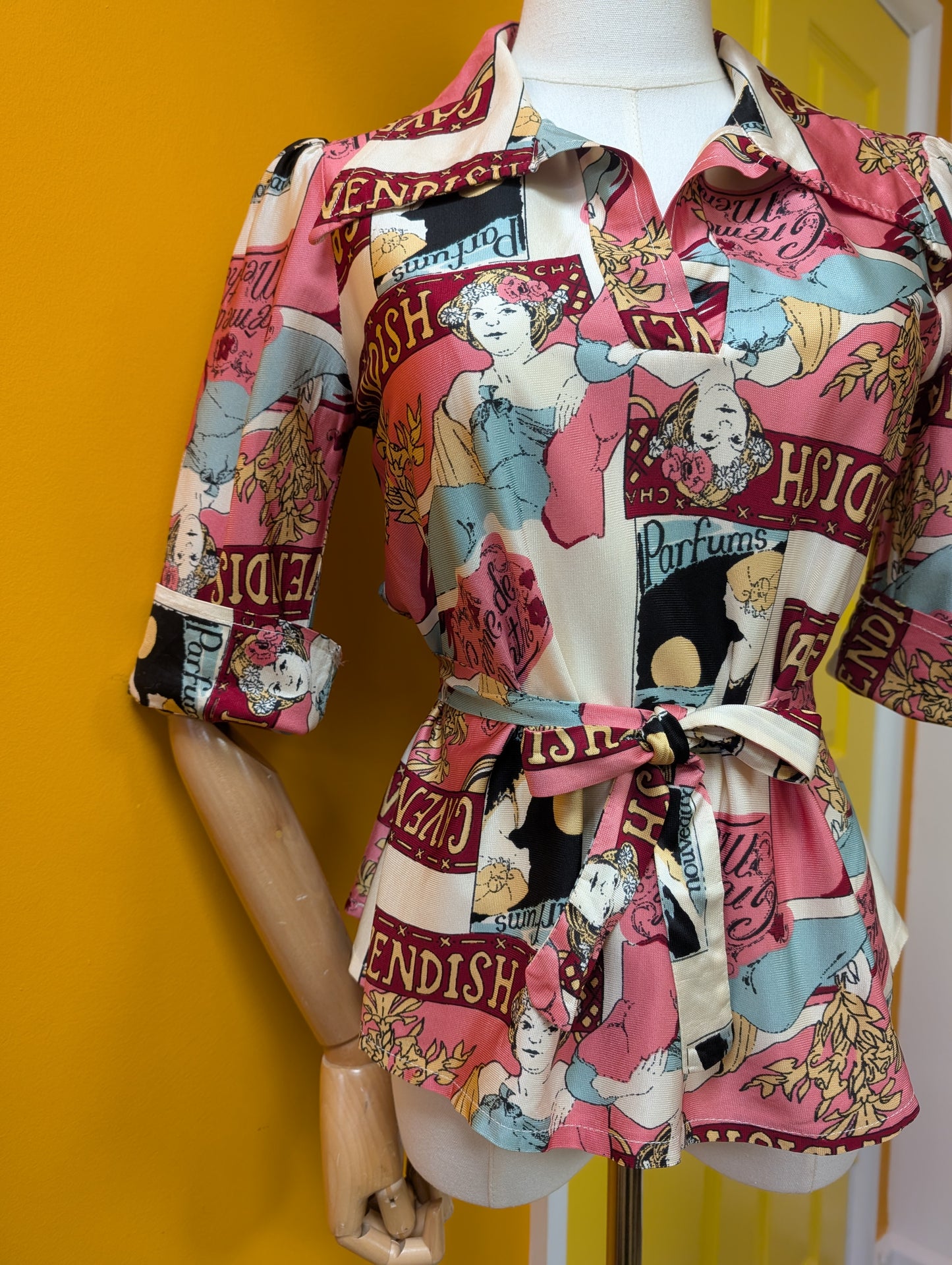 1970s Dorothy Perkins novelty Art Nouveau print tie waist top - XS/S