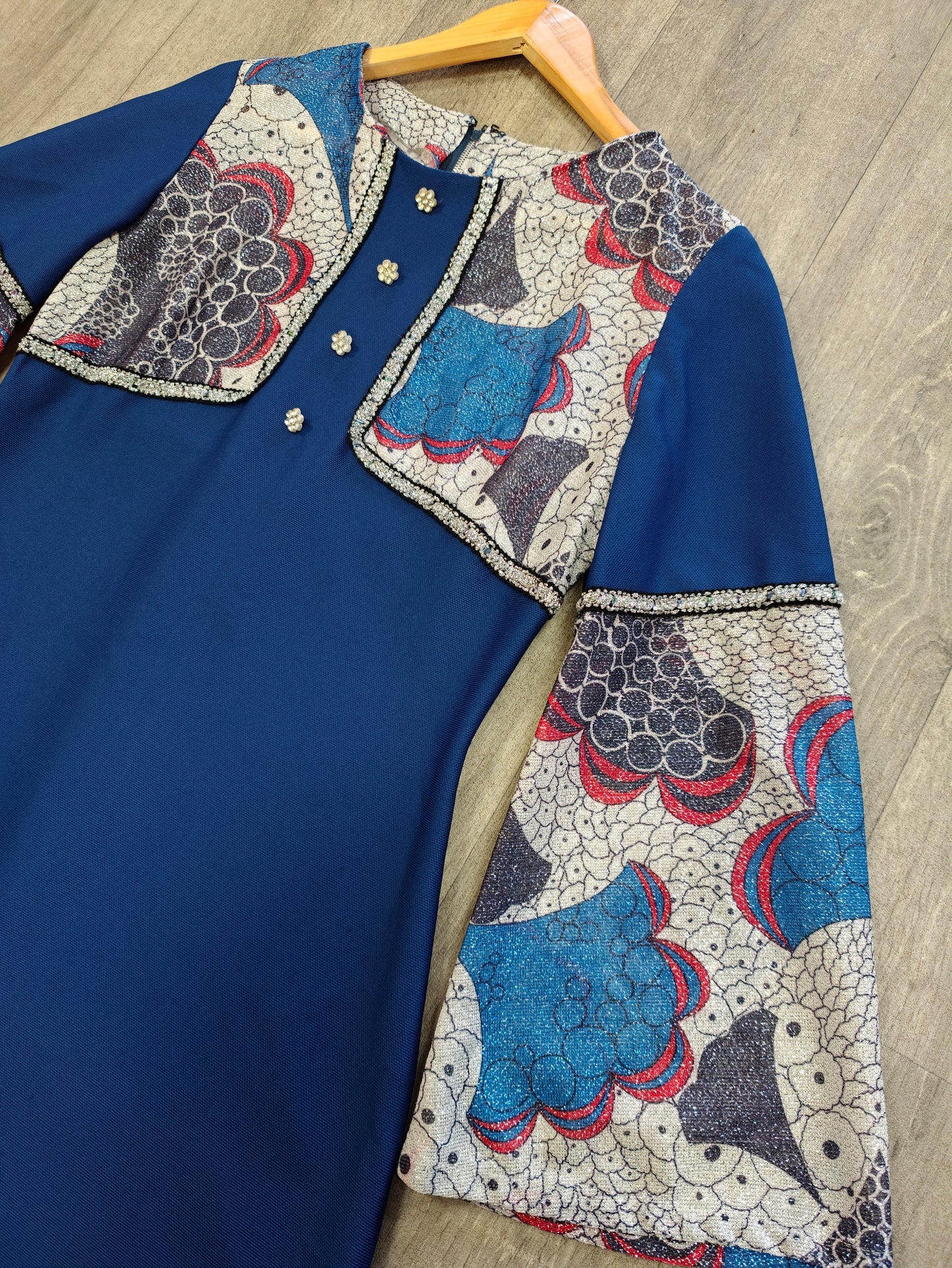 60s/70s blue & silver lurex maxi dress - M/12