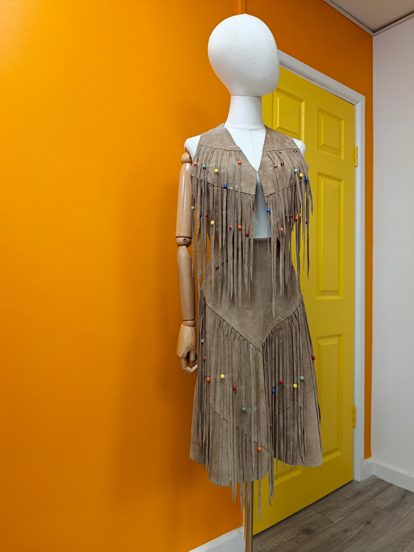 1970s beaded fringed suede skirt & waistcoat - M/12/14