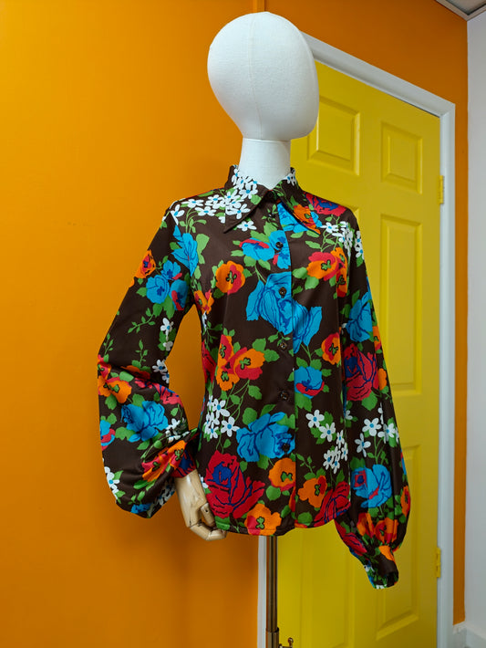 1970s St Michael floral balloon sleeve shirt - M