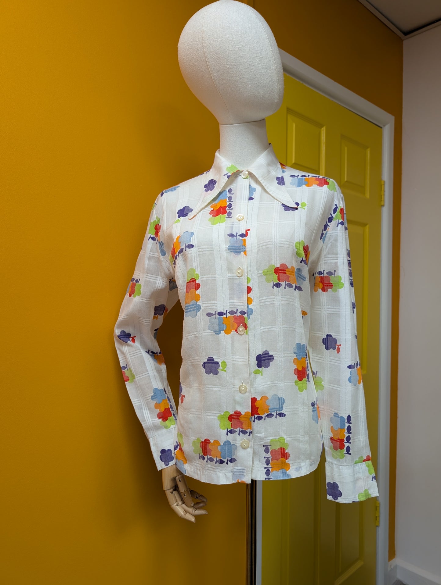 1970s novelty floral dagger collar shirt - M/L
