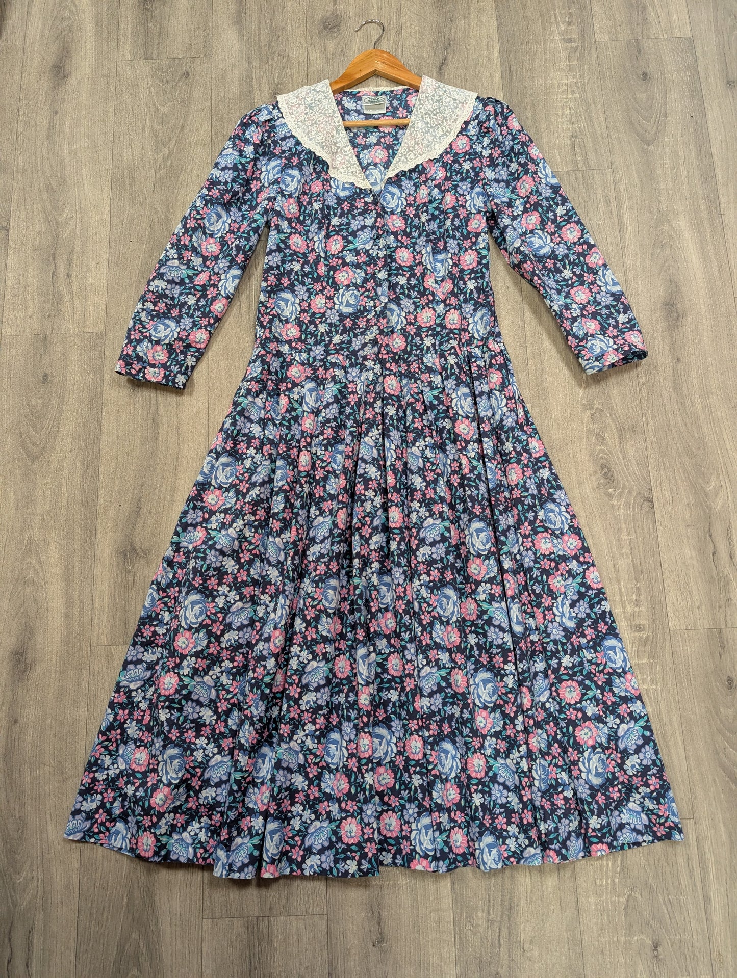 1980s Laura Ashley blue floral lace collar dress - S/10