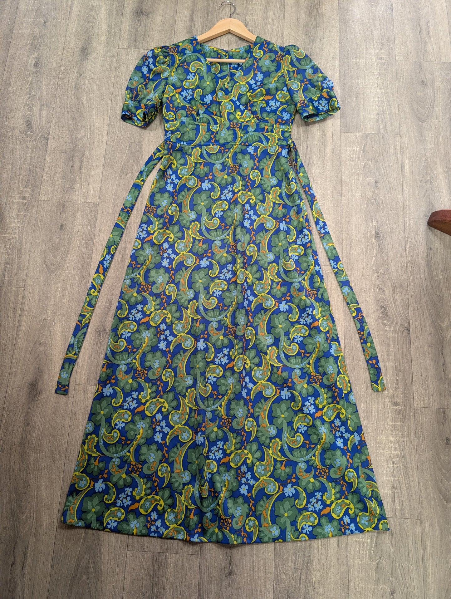 1970s green/blue paisley maxi dress - S/10
