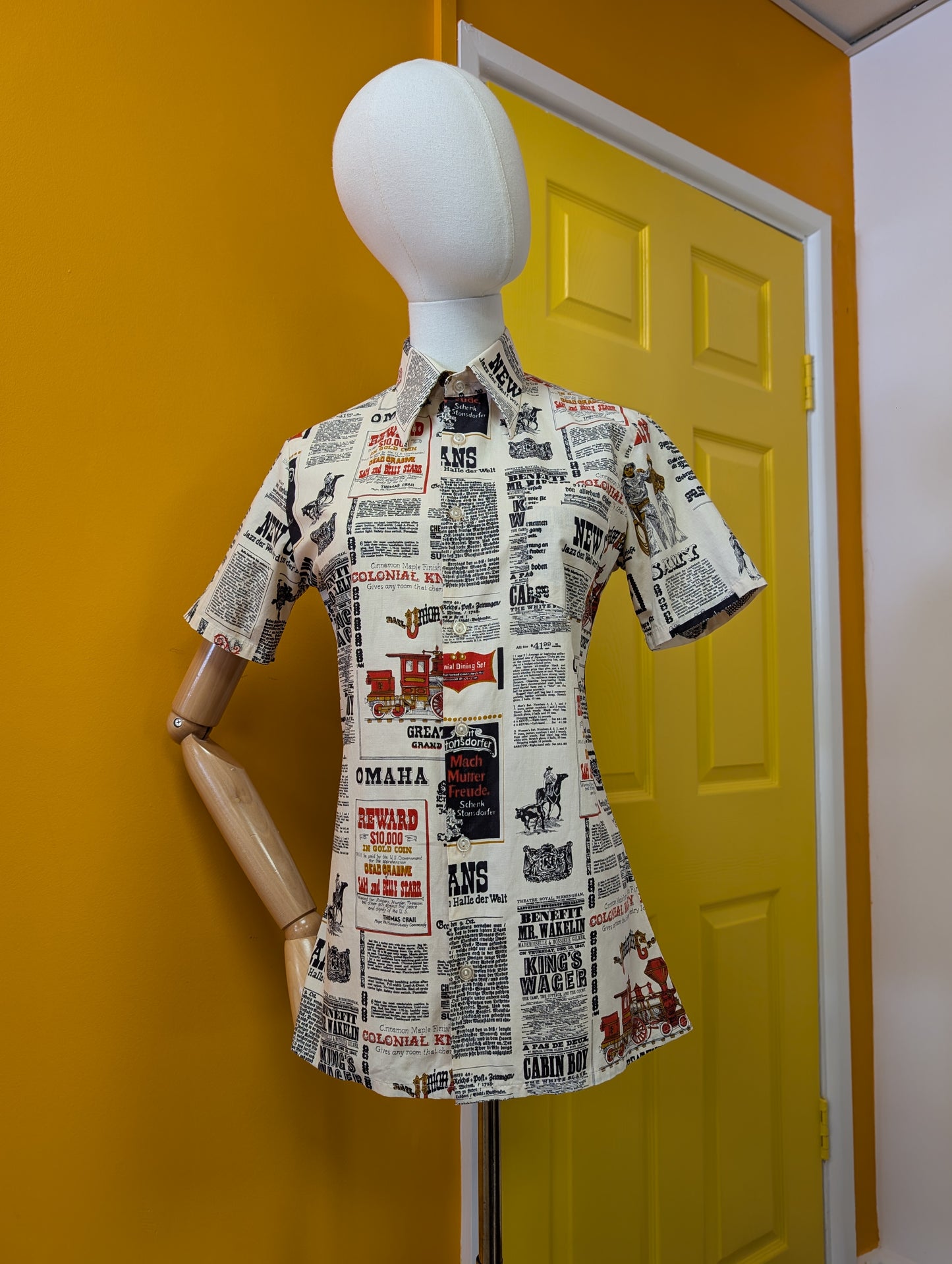 1970s St Michael novelty newspaper print dagger collar shirt
