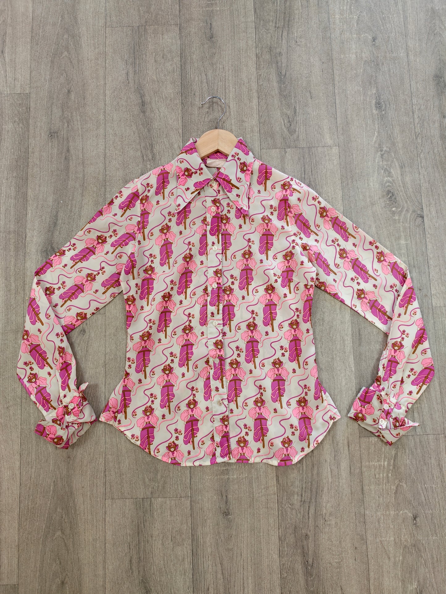 1970s novelty bicycle print pink dagger collar shirt - XS/S