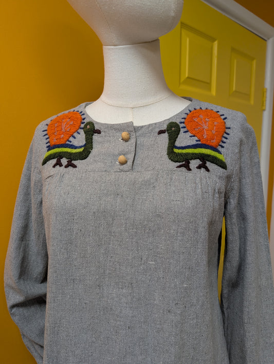 1970s India Imports embroidered peacock cotton top - S