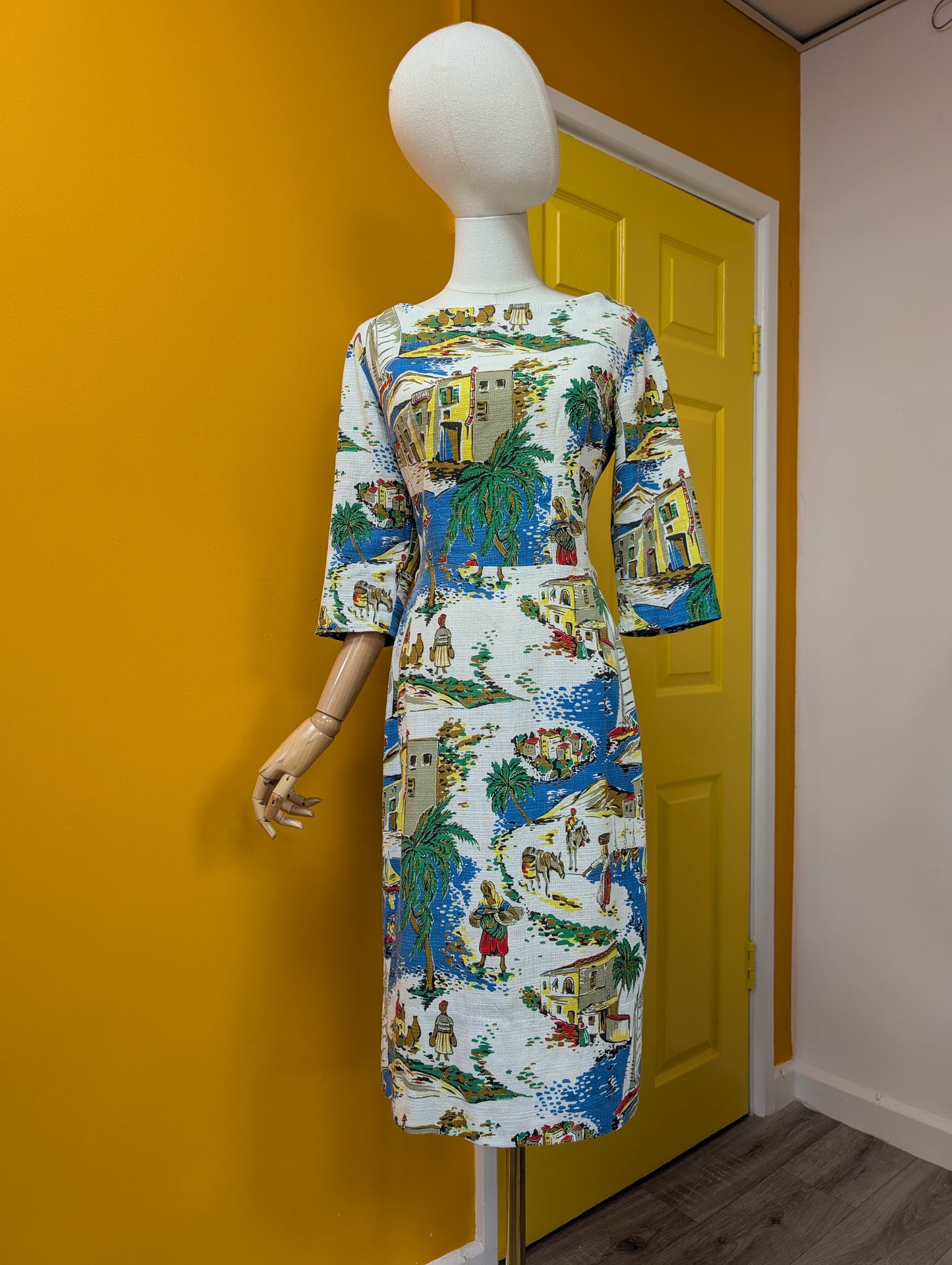 50s/60s Selincourt novelty print barkcloth dress - S/10