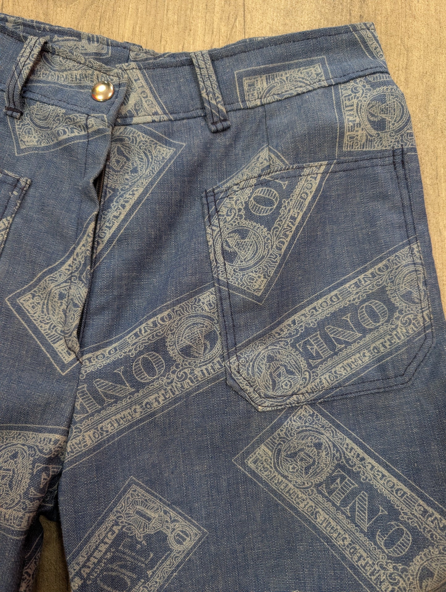Epic 1970s Dereta novelty dollar bill print flares - 26"W 32"L