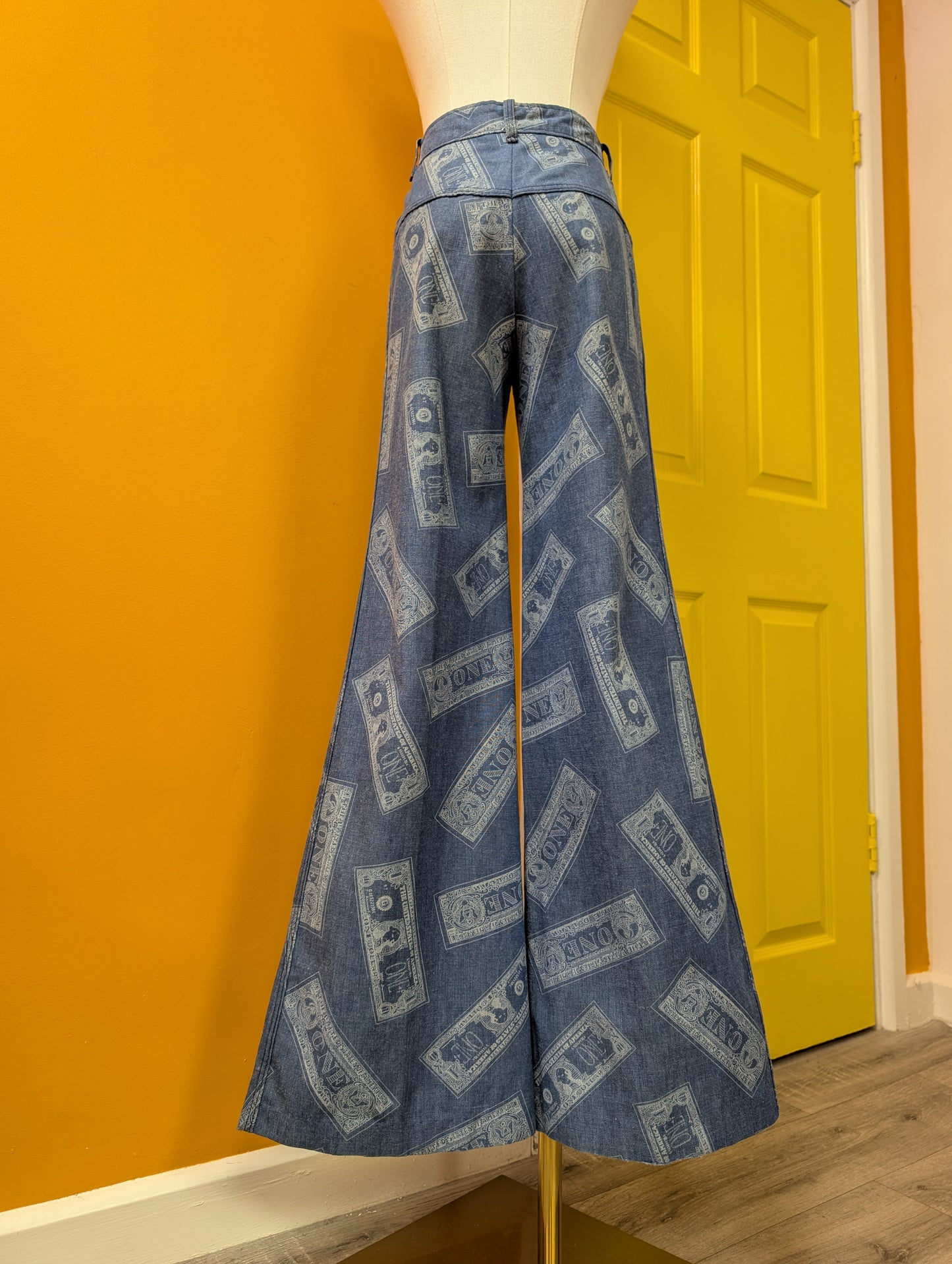 Epic 1970s Dereta novelty dollar bill print flares - 26"W 32"L