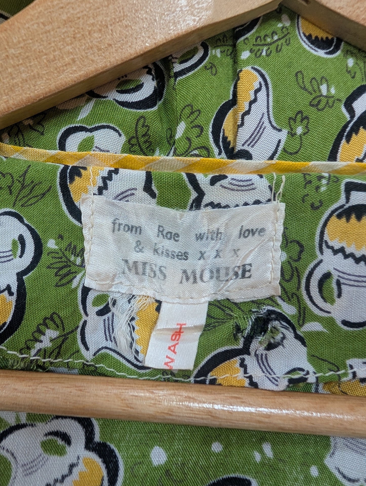 1970s Miss Mouse green & yellow novelty print dress - S/8