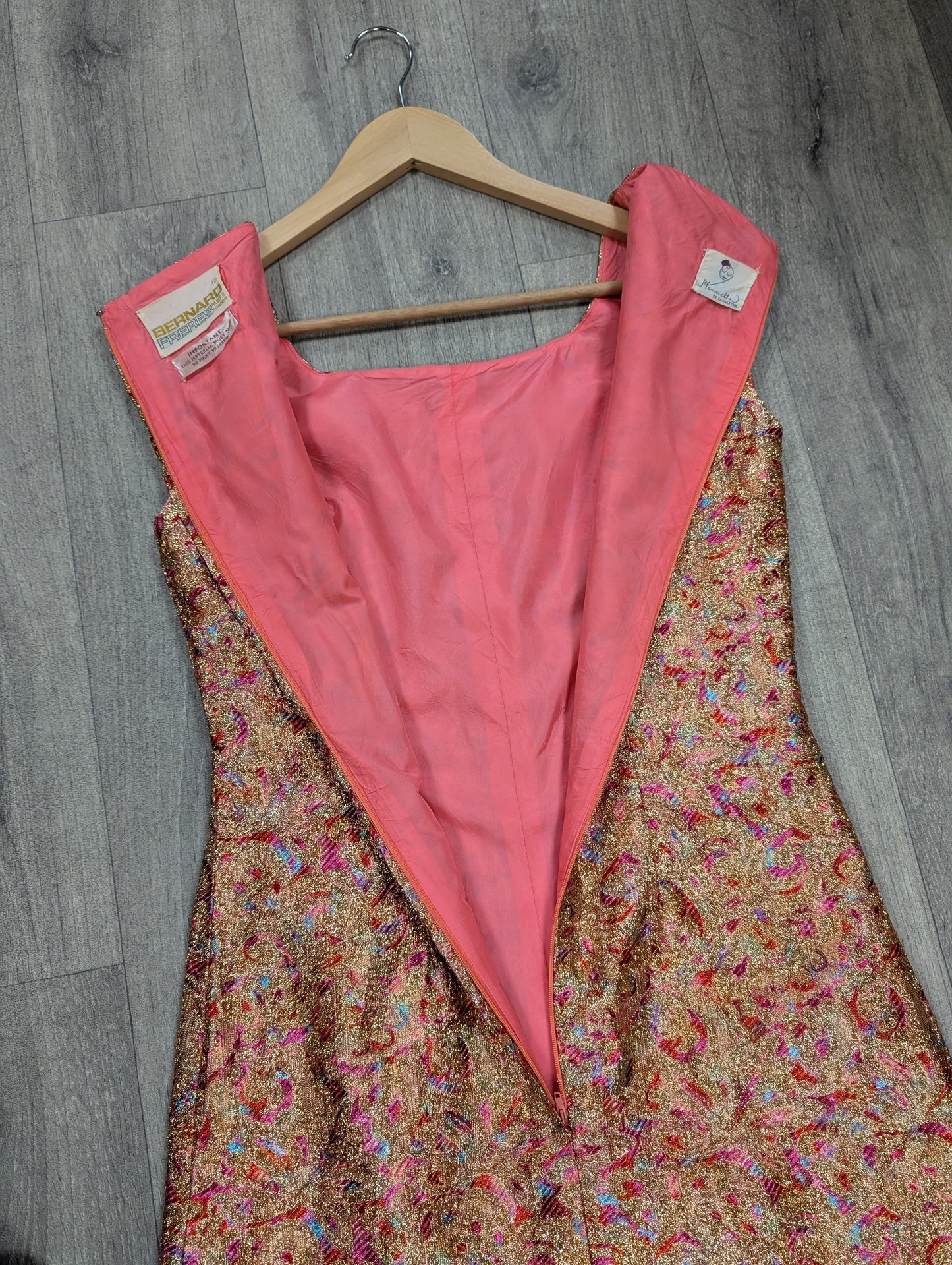 1960s Bernard Freres pink & gold sparkly dress - S/8/10