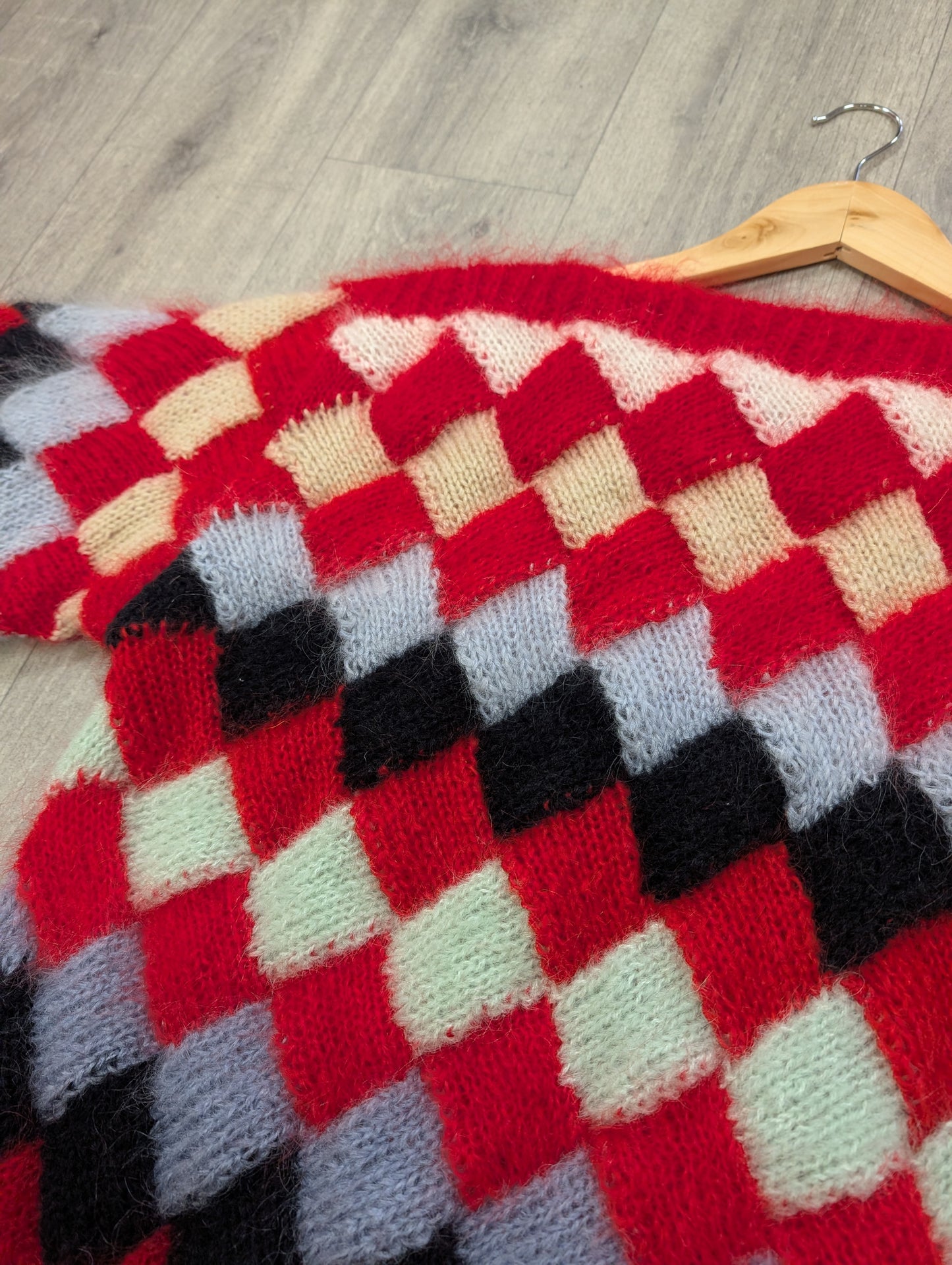 1980s red mohair hand knitted jumper - S/M