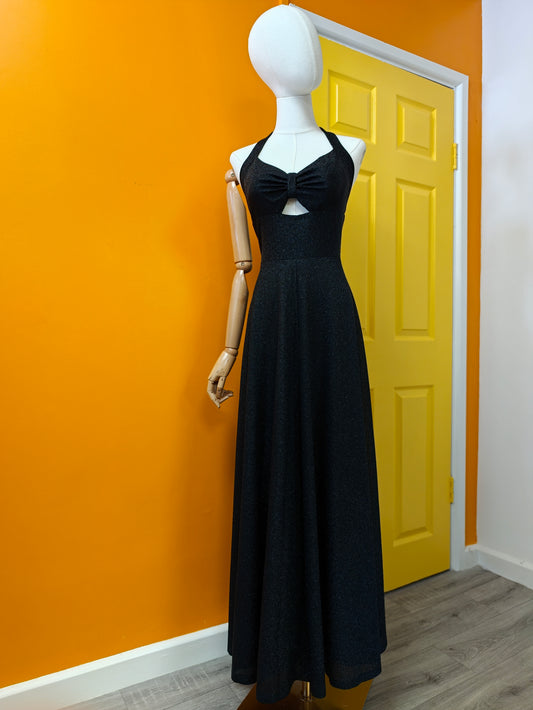 1970s Puszta black & silver lurex halter neck maxi dress with cut out - 10/12