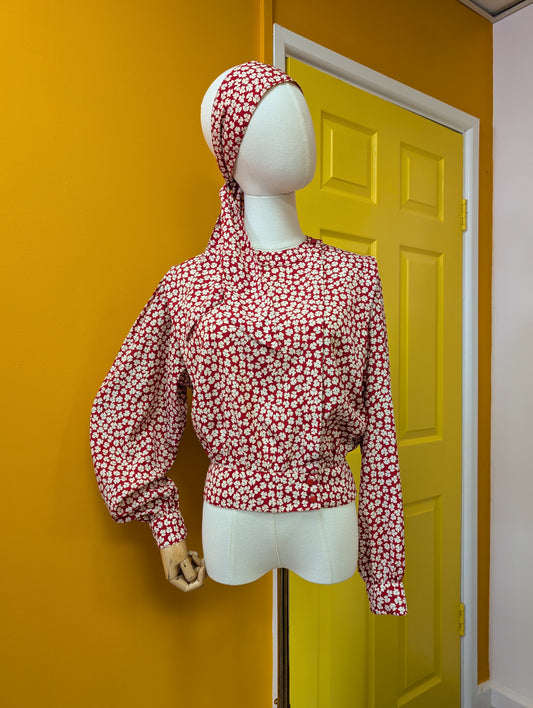 1980s Windsmoor red floral blouse with scarf - S/M