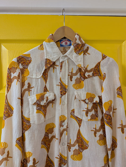 1970s Harlan Matthews novelty print Indian cotton cheesecloth shirt