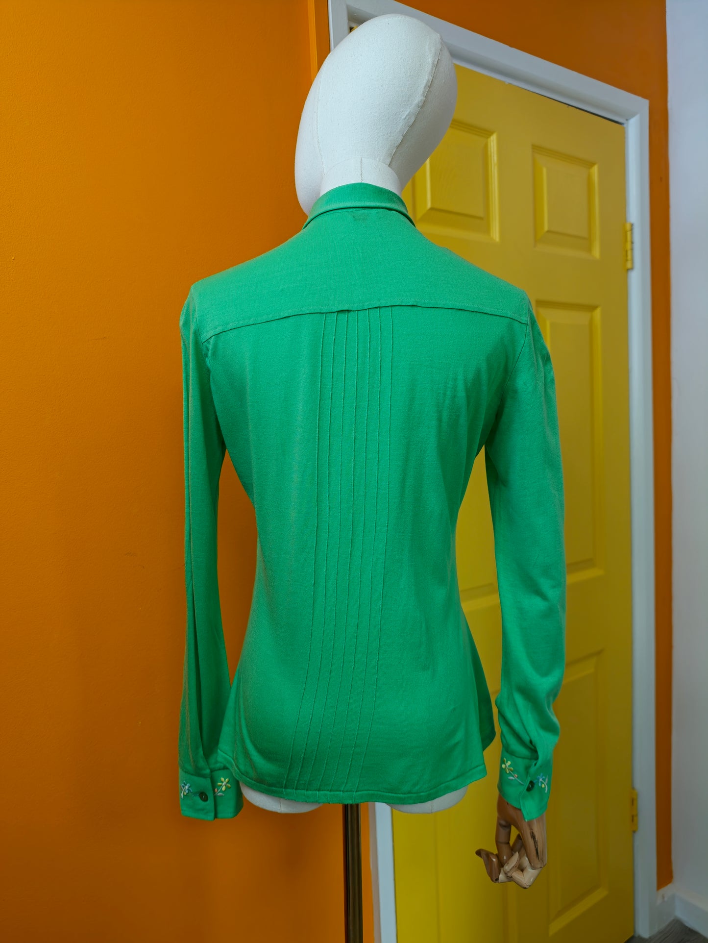 1970s embroidered green dagger collar shirt - S/M