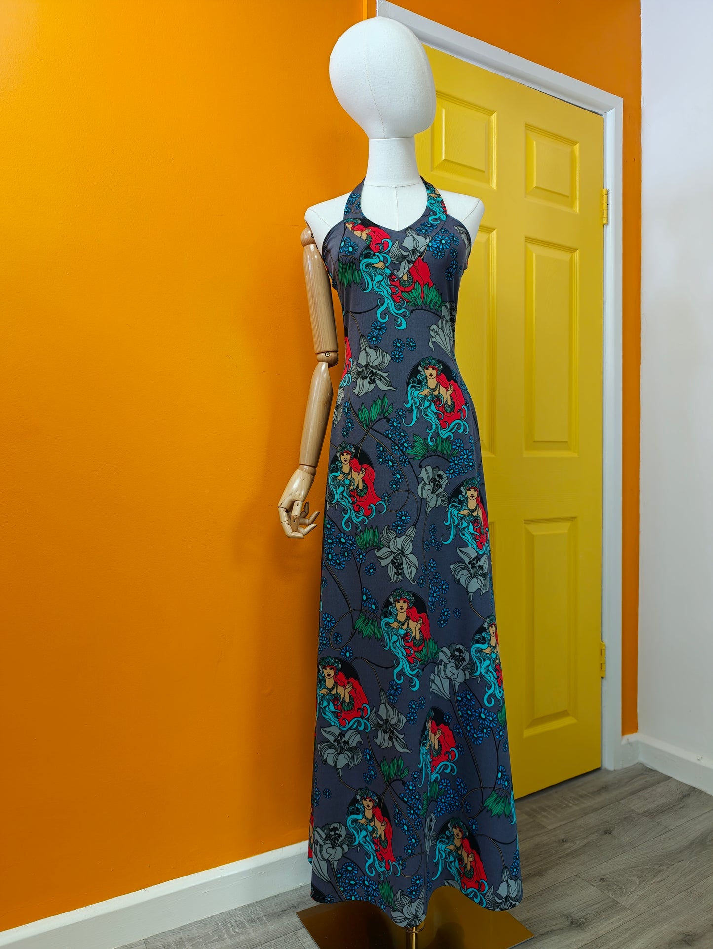 1970s Suku San novelty Art Nouveau print halter neck maxi dress & jacket - XS/S/6/8