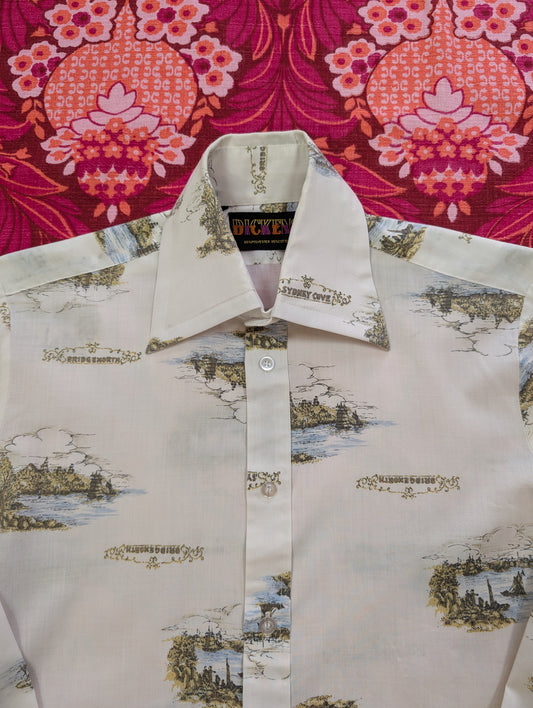 1970s Dickens novelty print dagger collar shirt