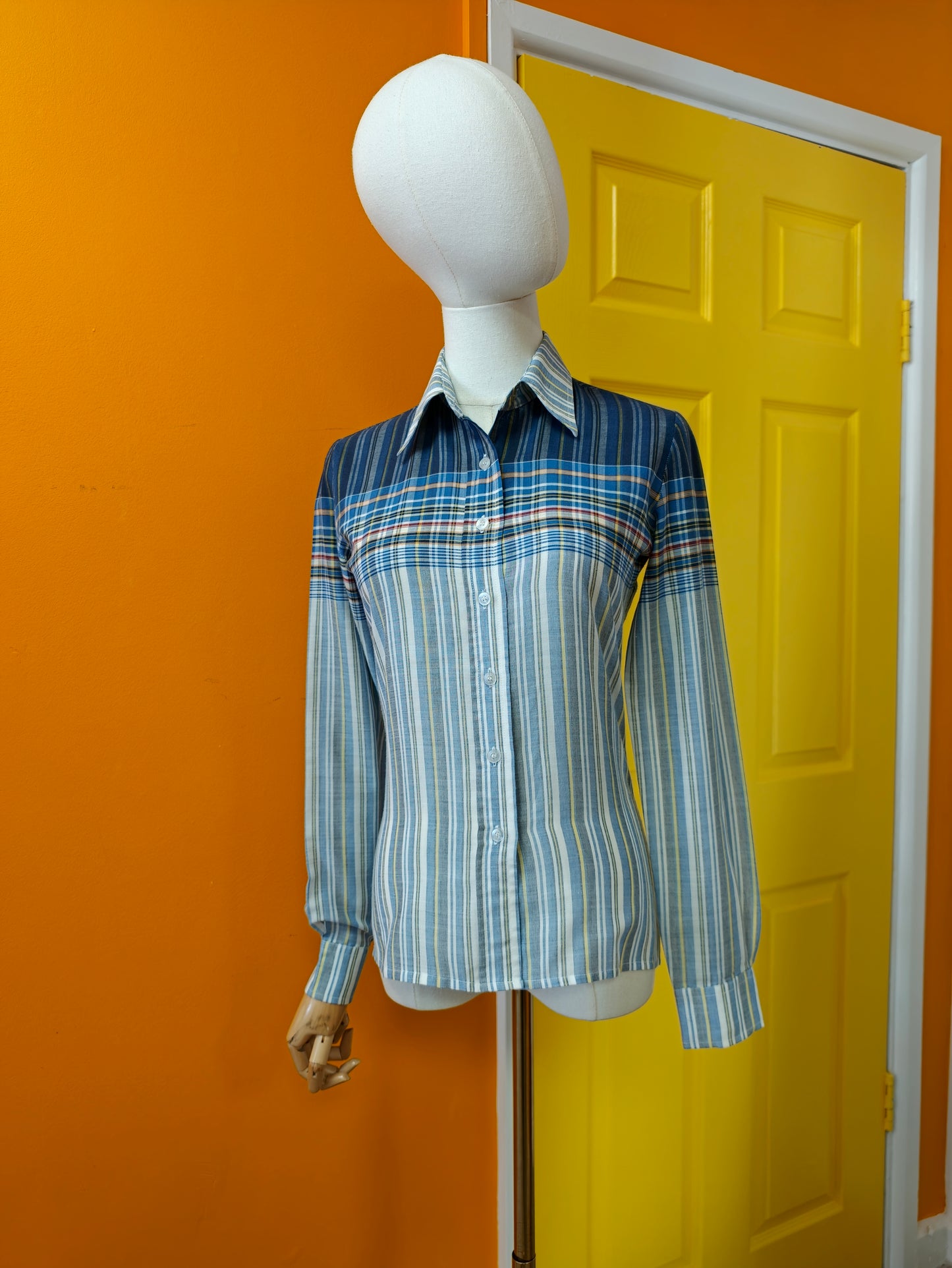 1970s Lecomte blue check dagger collar shirt - XS