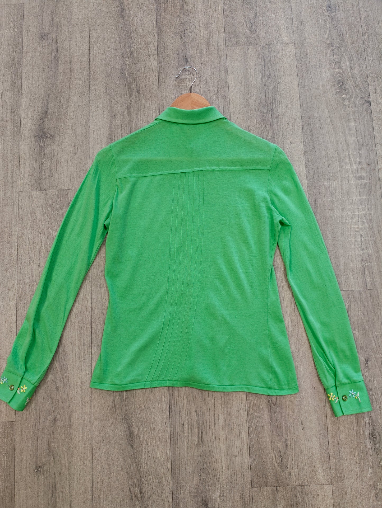 1970s embroidered green dagger collar shirt - S/M