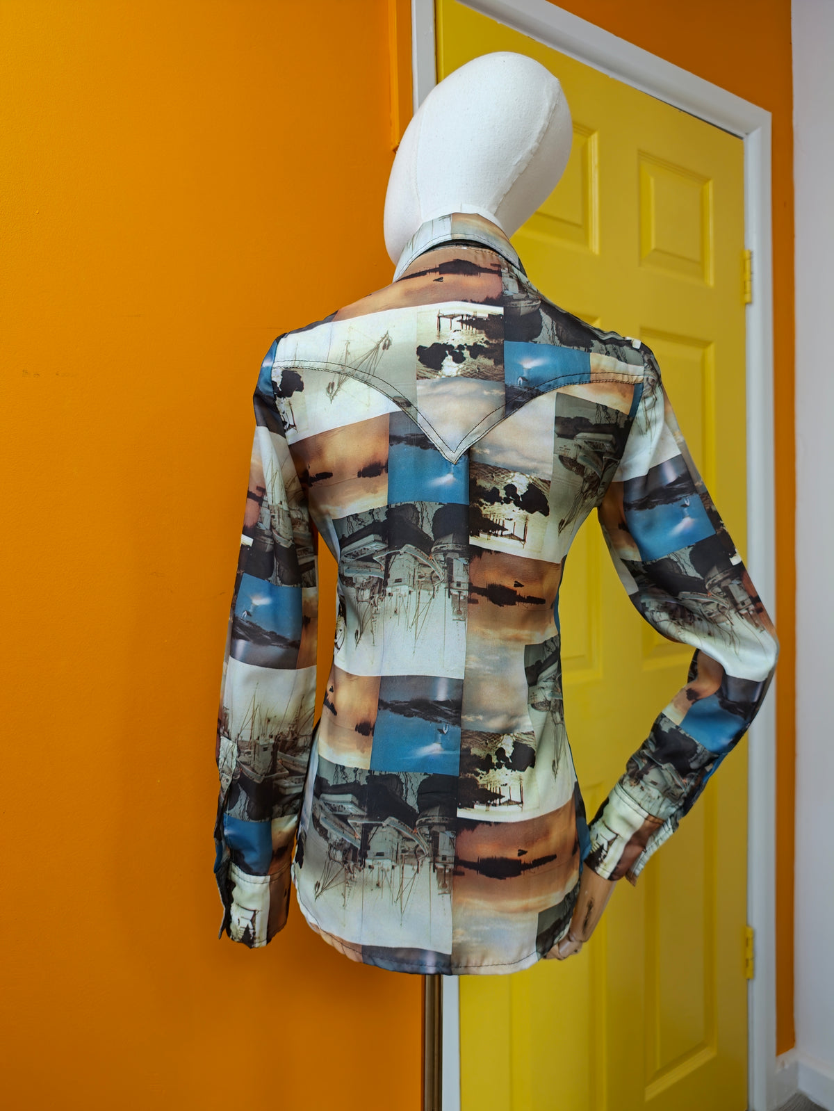 1970s photo print dagger collar shirt - XS