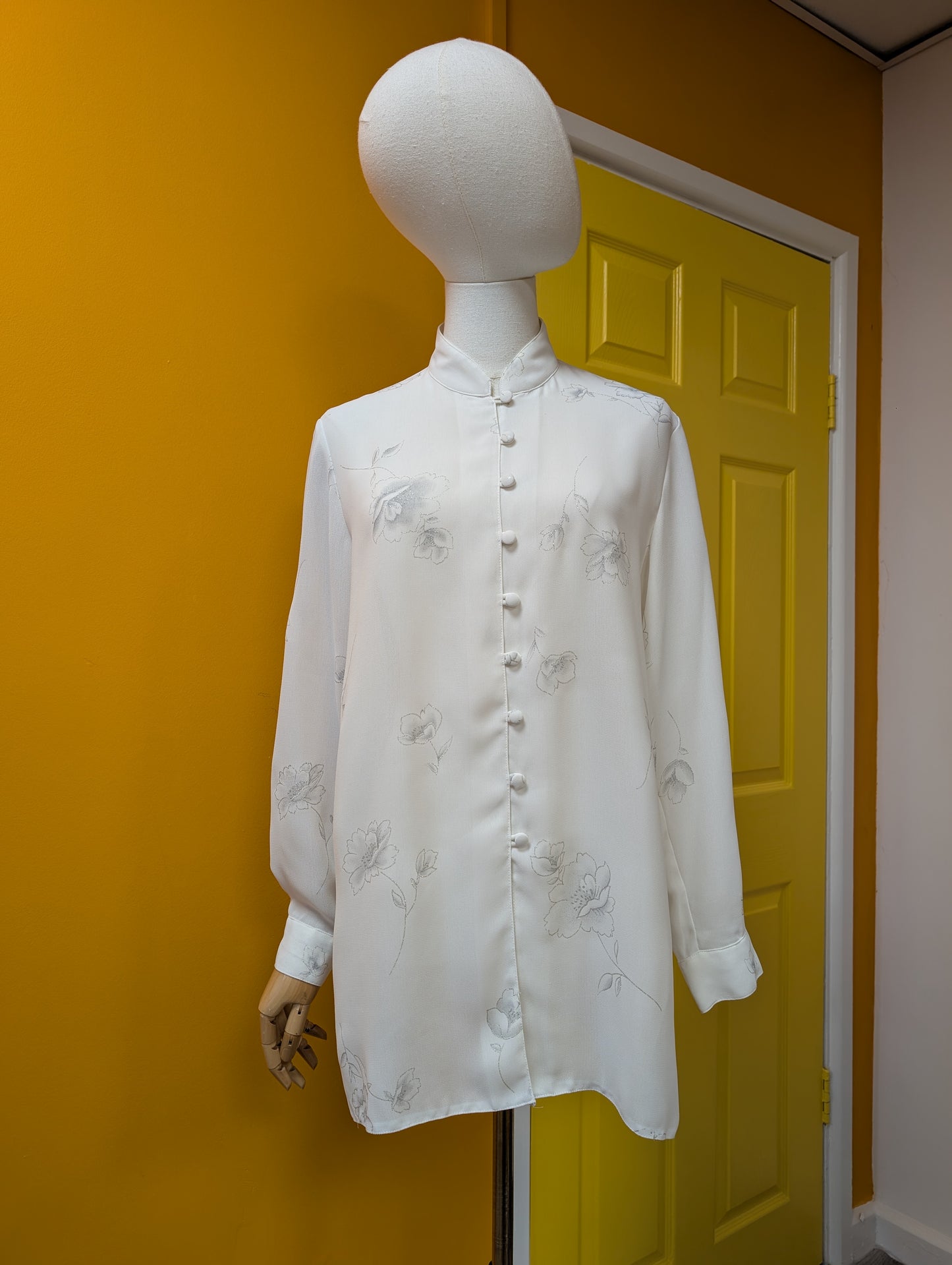 1980s white & silver floral shirt - M