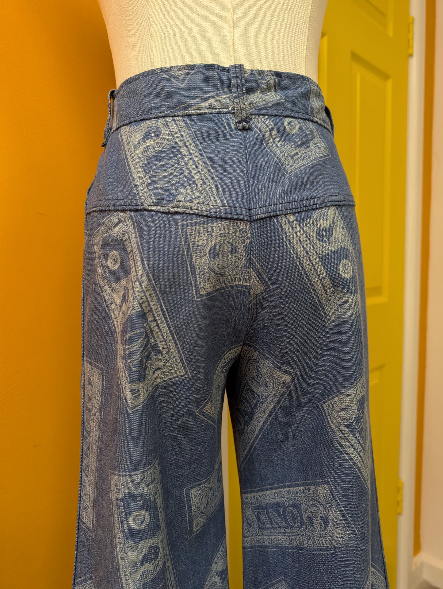 Epic 1970s Dereta novelty dollar bill print flares - 26"W 32"L