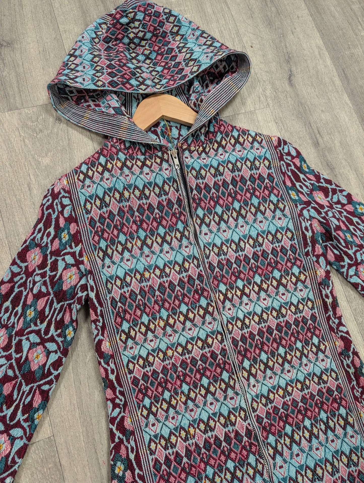 60s/70s cotton tapestry hooded maxi coat - XS