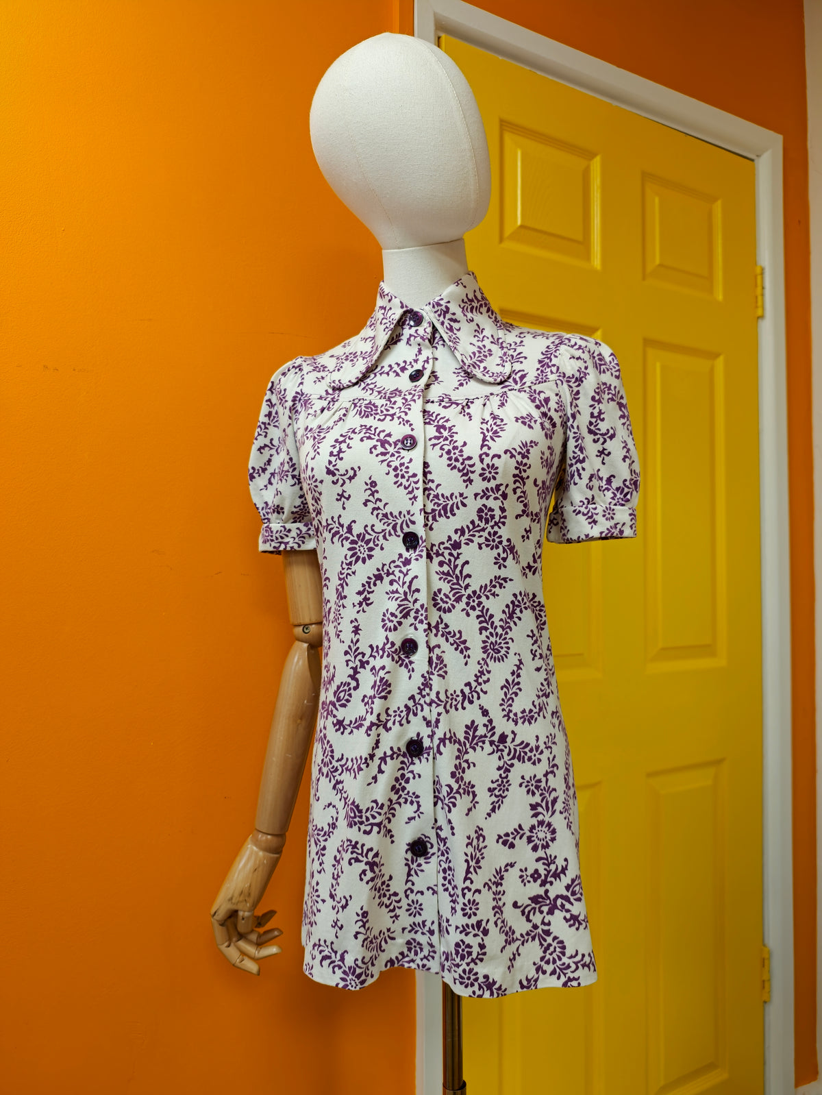 1970s St Michael purple & white beagle collar mini dress - XS/6