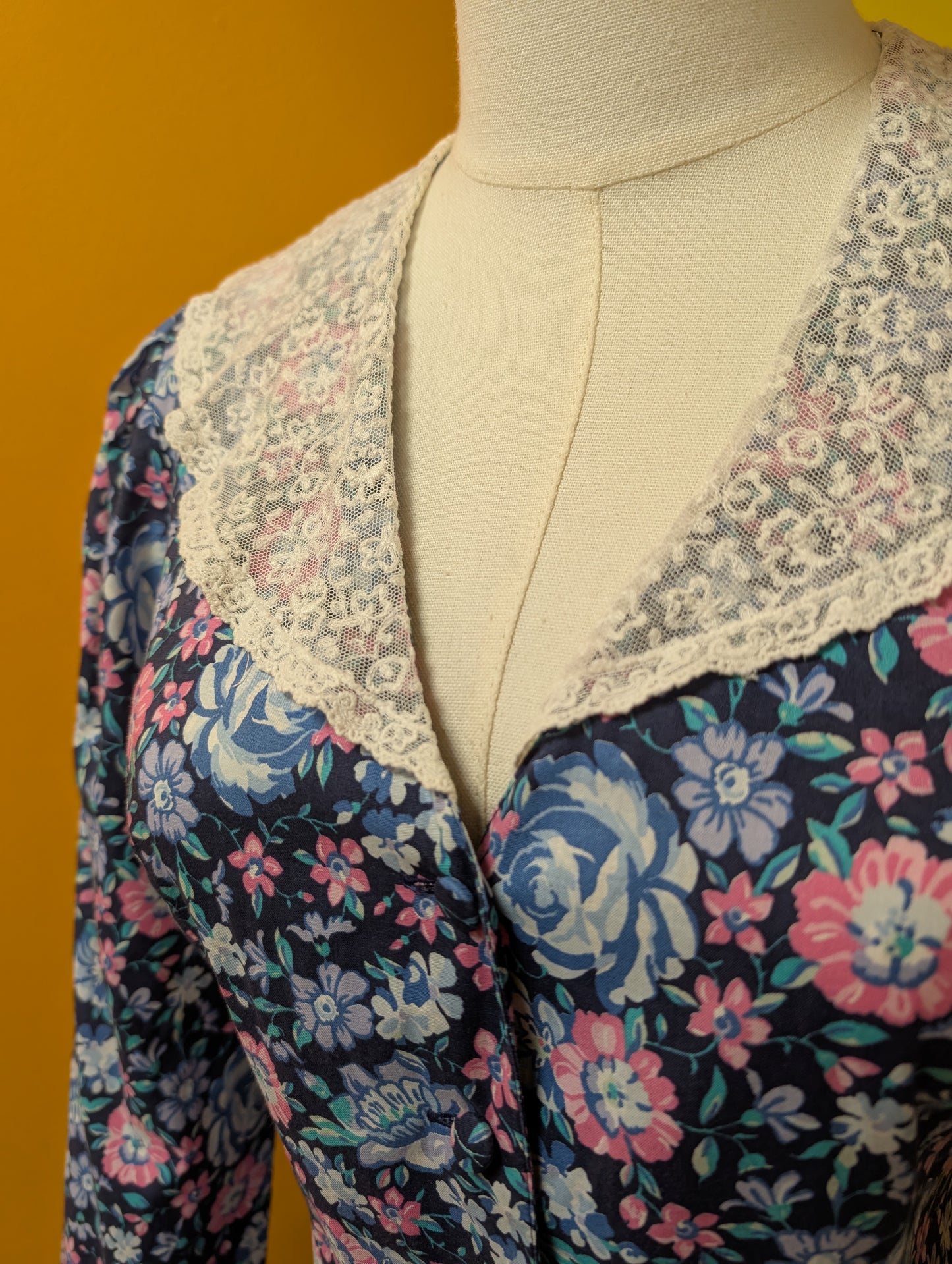 1980s Laura Ashley blue floral lace collar dress - S/10