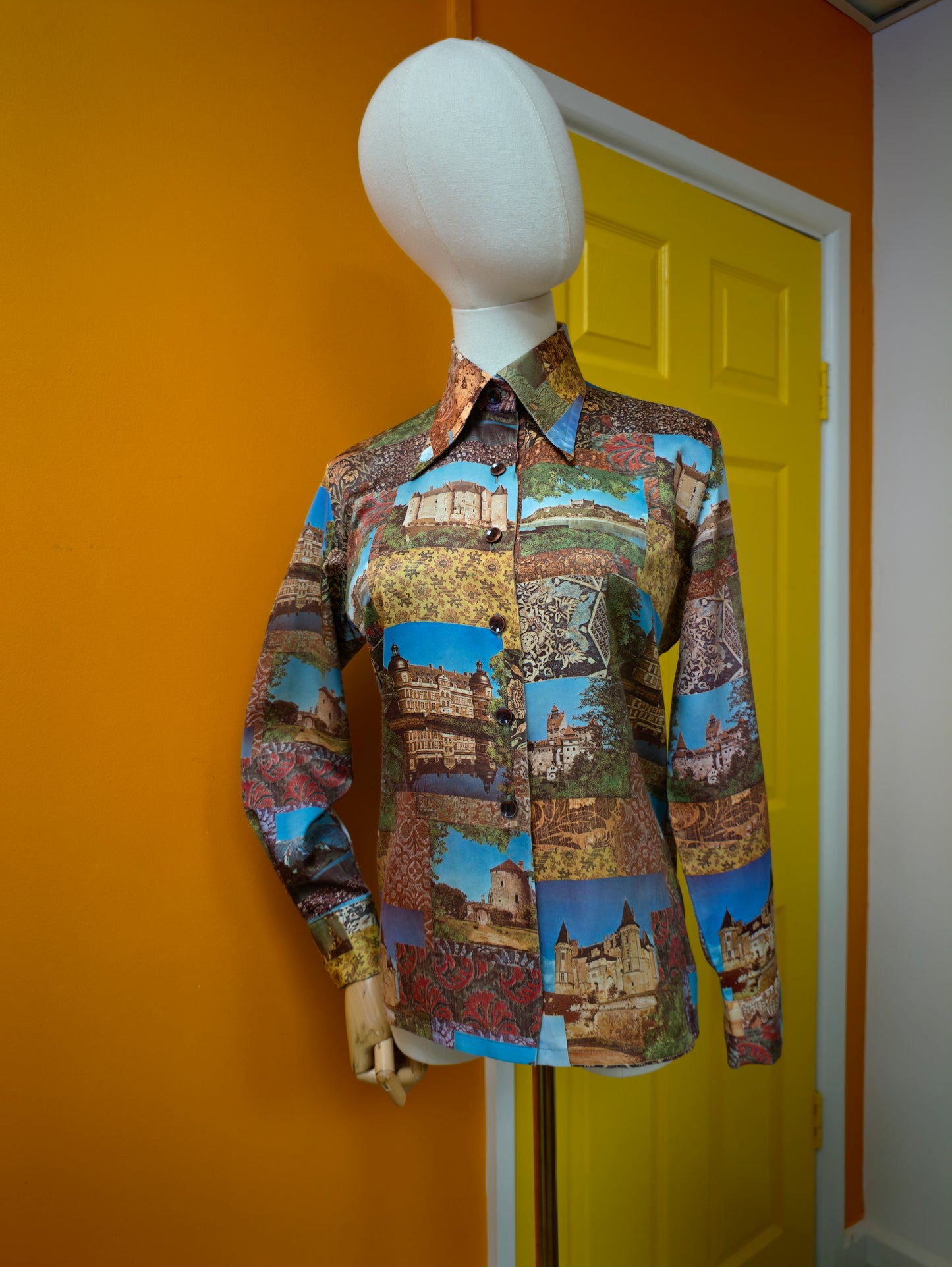 1970s Charisma novelty photo print dagger collar shirt - S/M