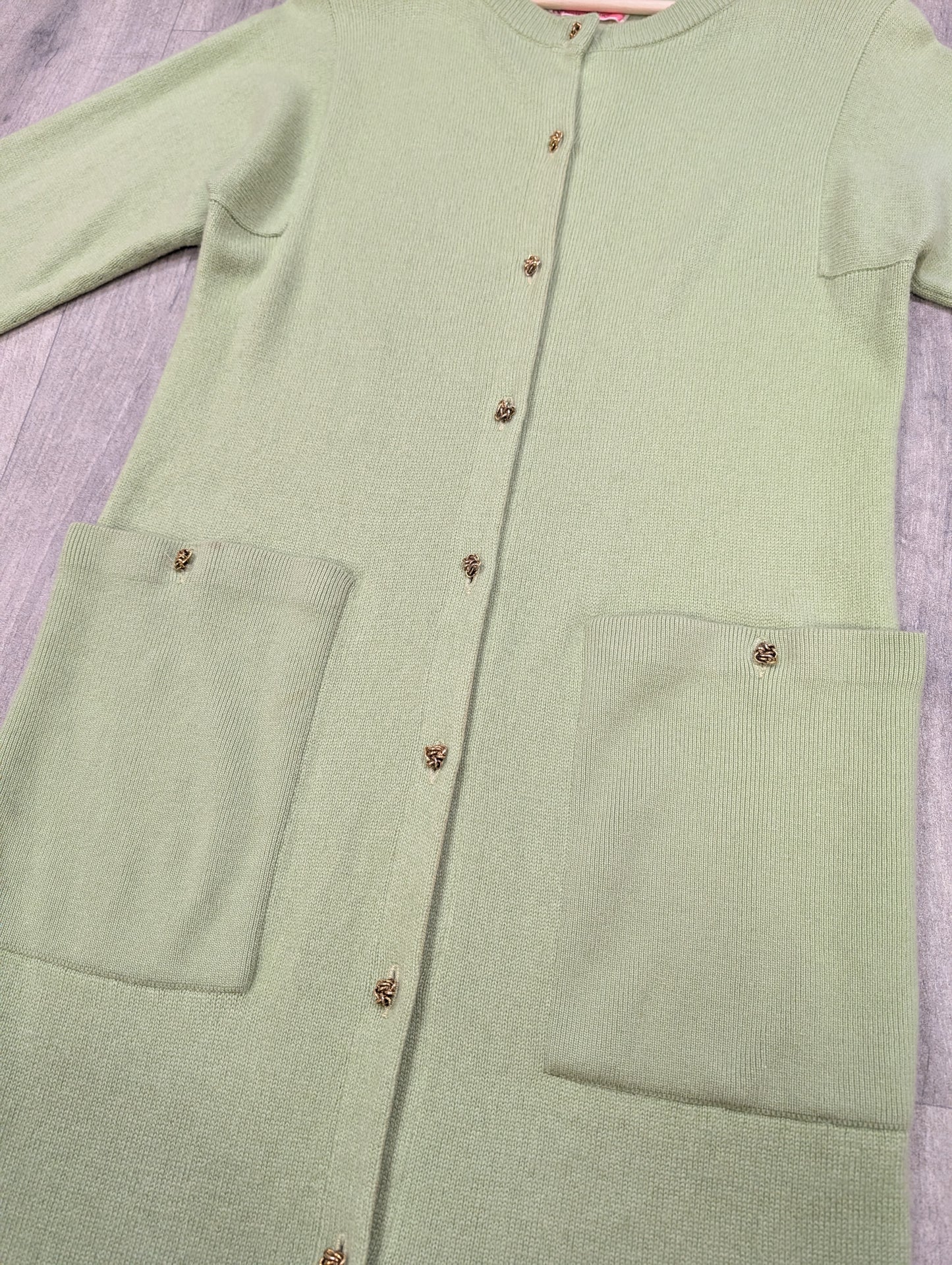 Gorgeous 1960s Bonnie Cashin Ballantyne cashmere long green cardigan
