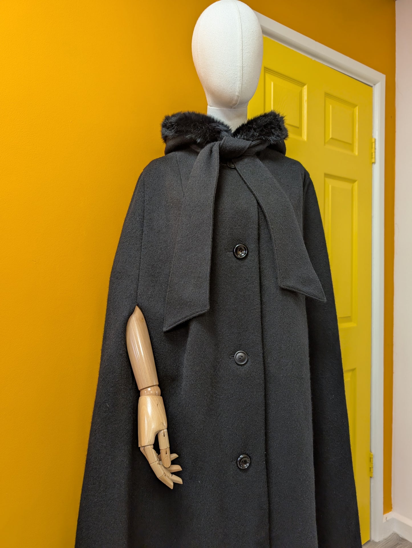 1960s Raymond of London black wool cape with fur trim