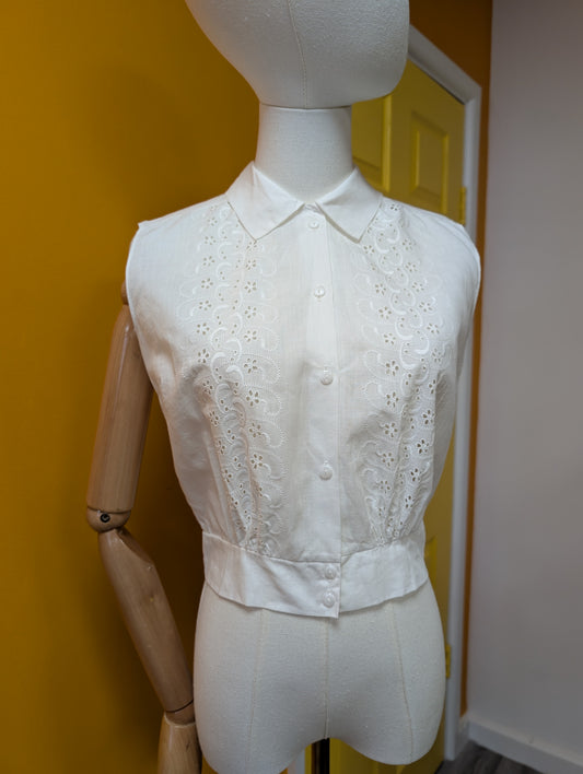 50s/60s white cotton broderie anglaise top - S/8/10