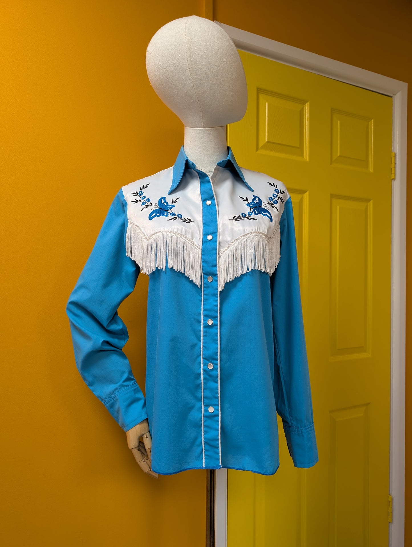 1970s embroidered and fringed blue butterfly western shirt
