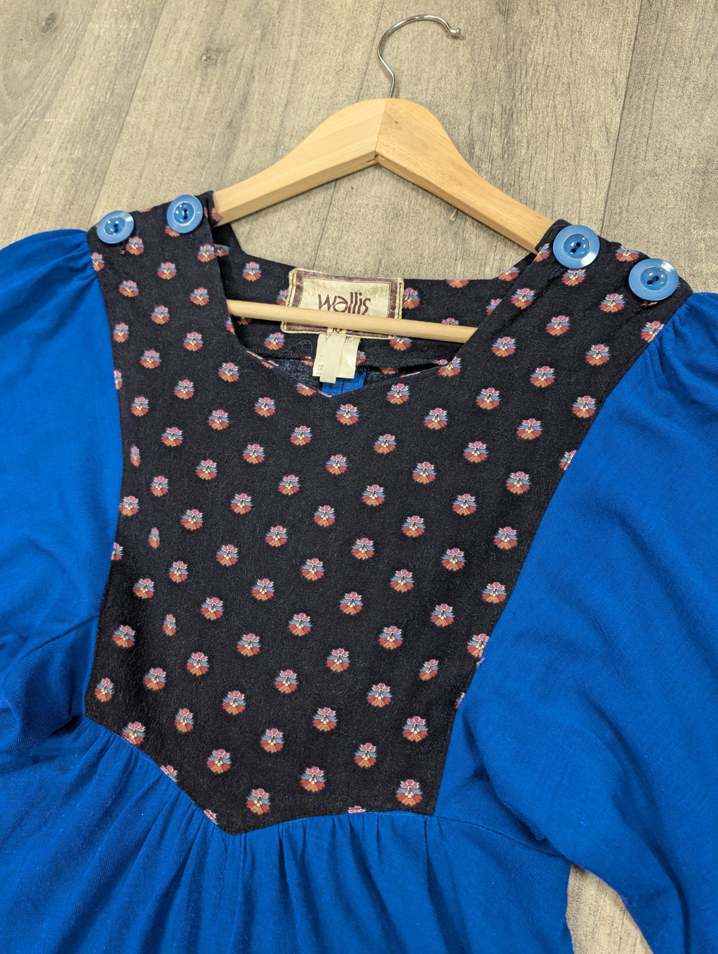 1970s Wallis blue dress with black floral trim - XS/S/6/8