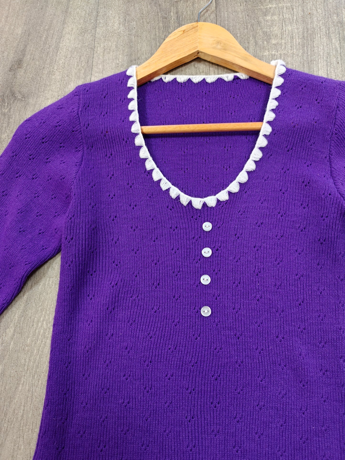 1970s purple knitted top with white trim - XS/S