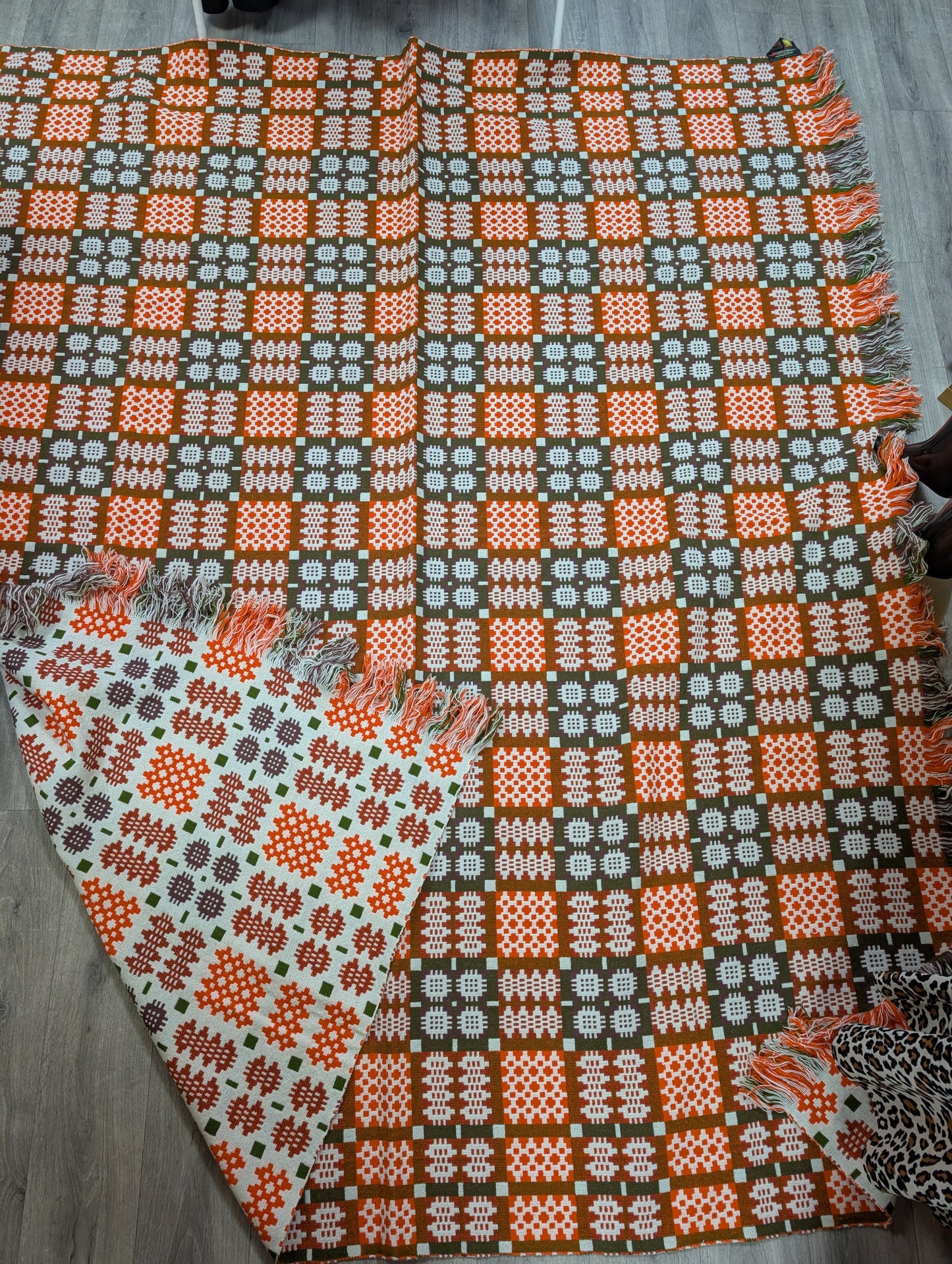 Gorgeous Derw Welsh tapestry wool fringed orange blanket