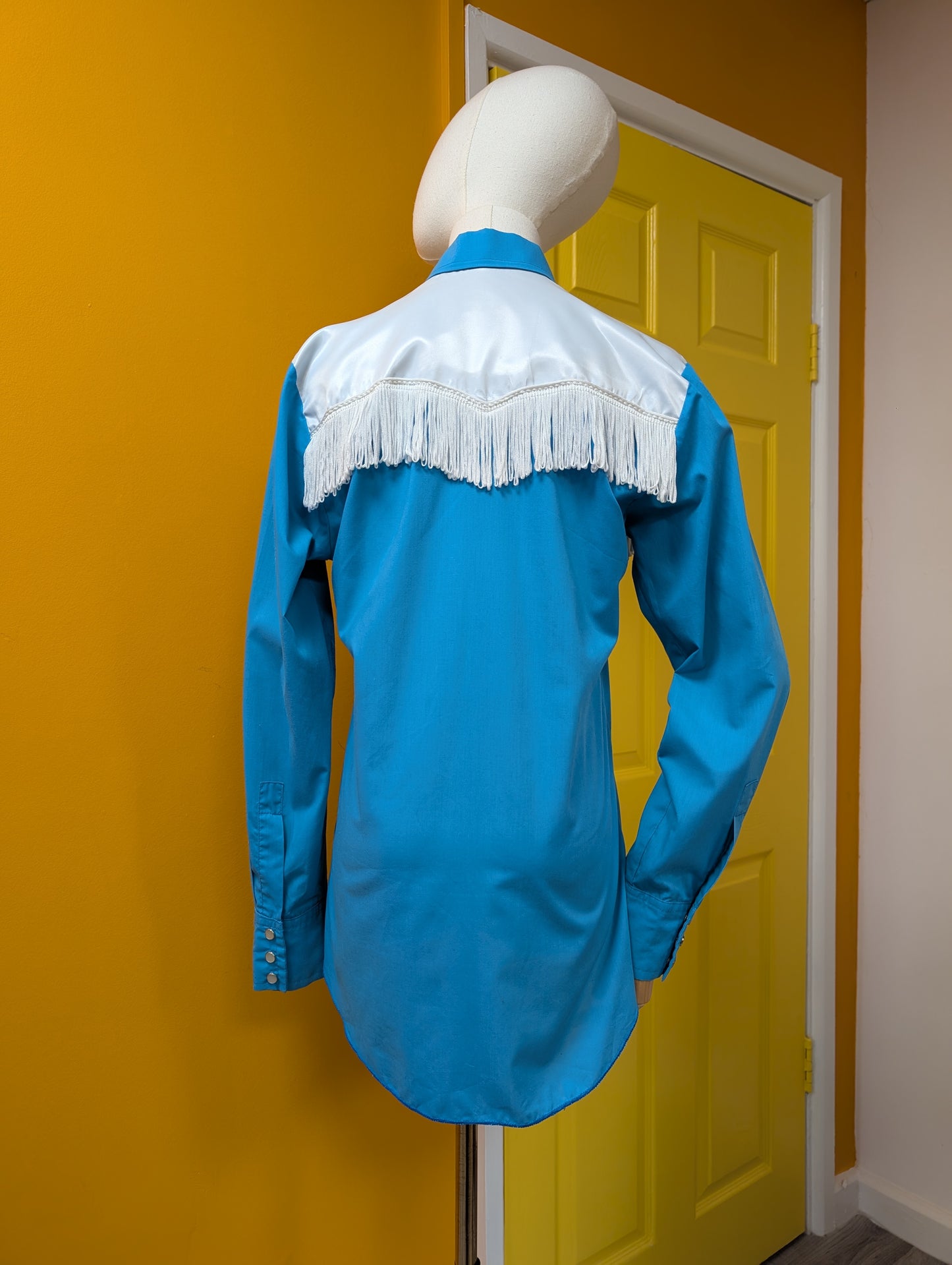 1970s embroidered and fringed blue butterfly western shirt