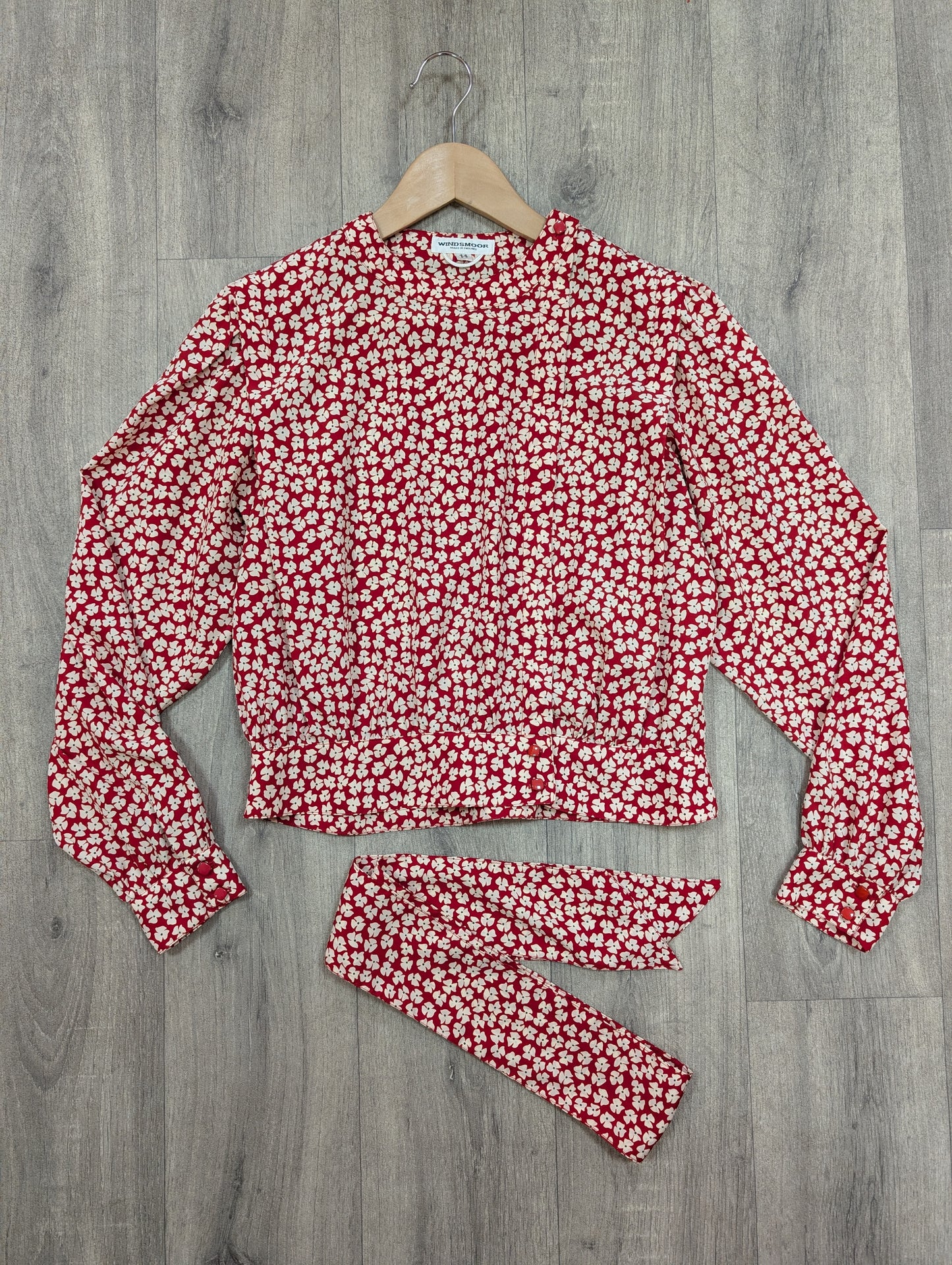1980s Windsmoor red floral blouse with scarf - S/M