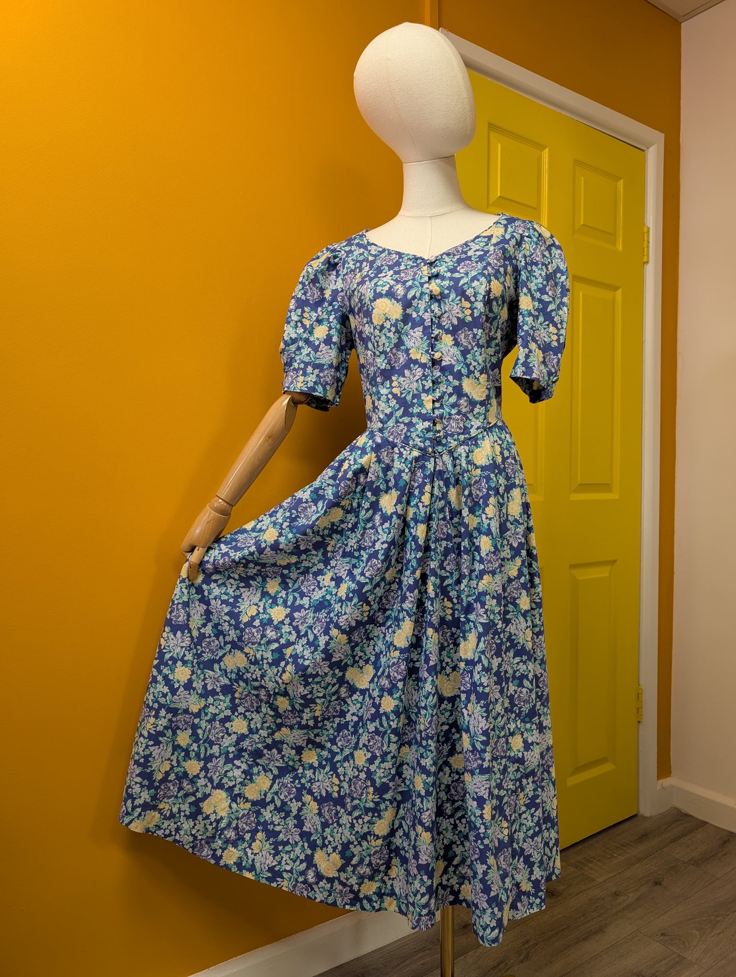 1980s Laura Ashley blue floral cotton dress - M/12