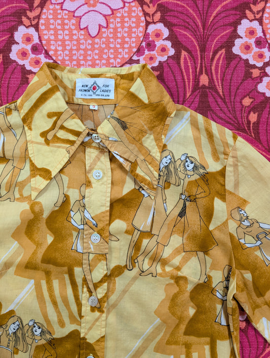 Epic 1970s novelty print cotton shirt - XXS/XS
