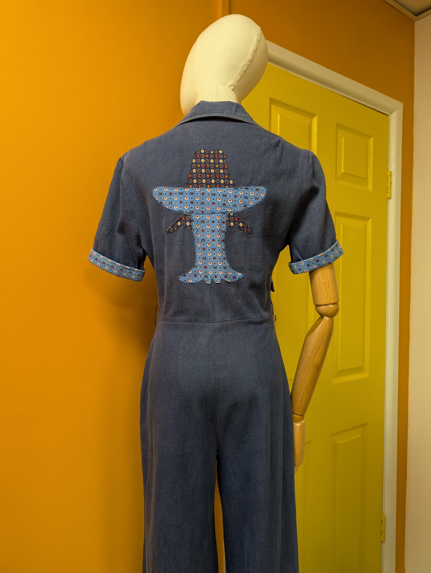 1970s Mexican denim jumpsuit with applique - S/M/10/12
