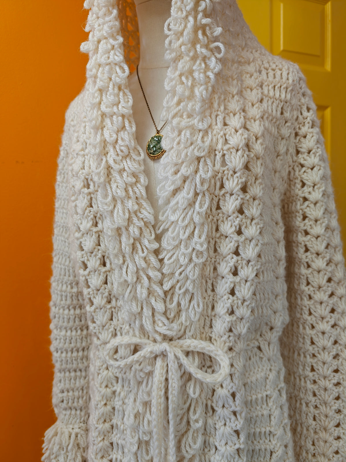 1970s crochet loop stitch hooded long cardigan