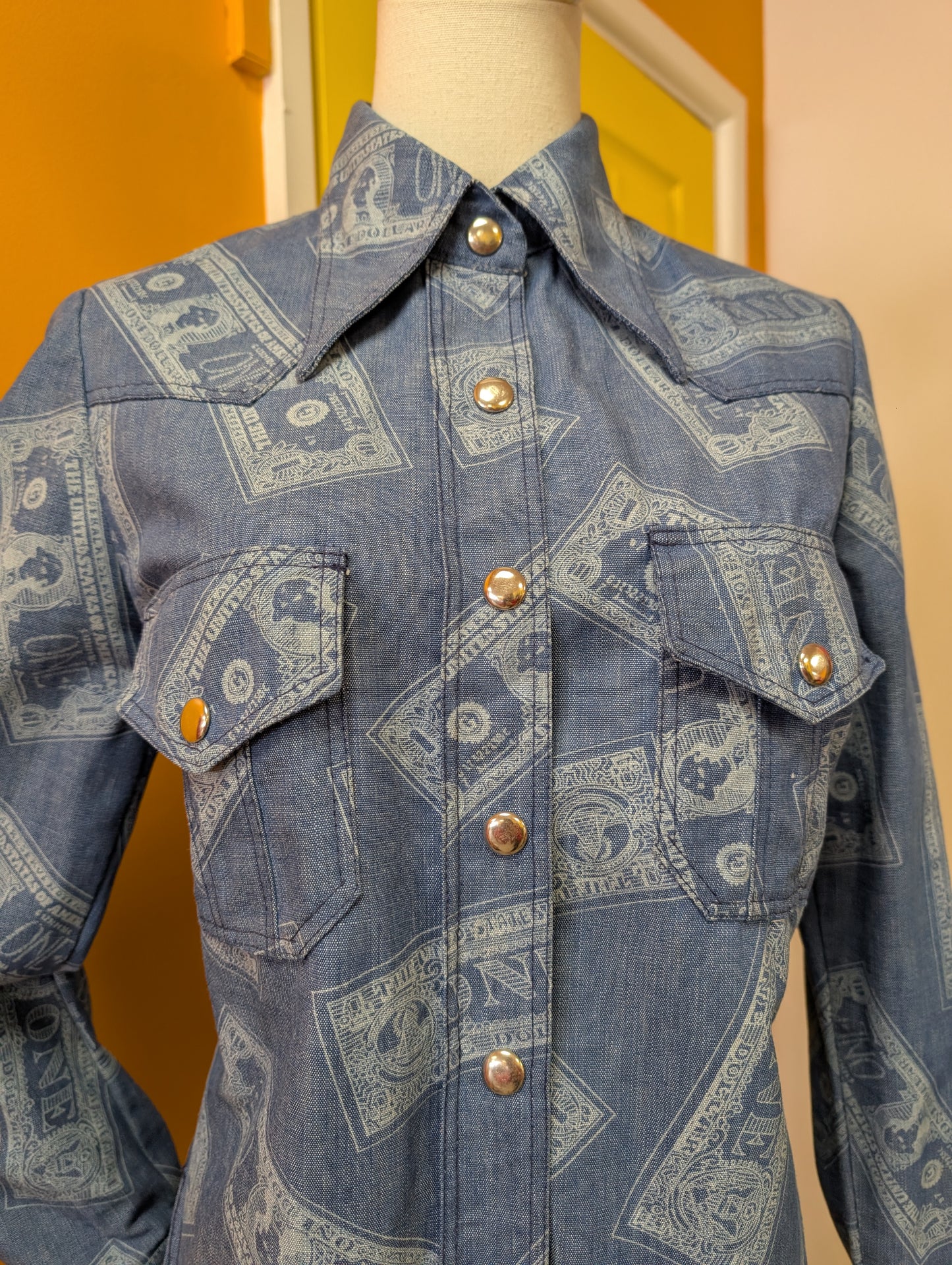 1970s Dereta novelty dollar bill print flares and shirt trouser suit - S