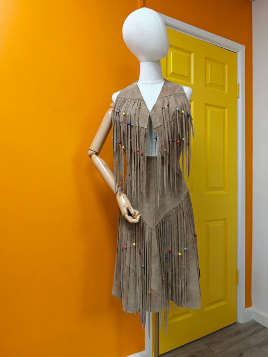 1970s beaded fringed suede skirt & waistcoat - M/12/14
